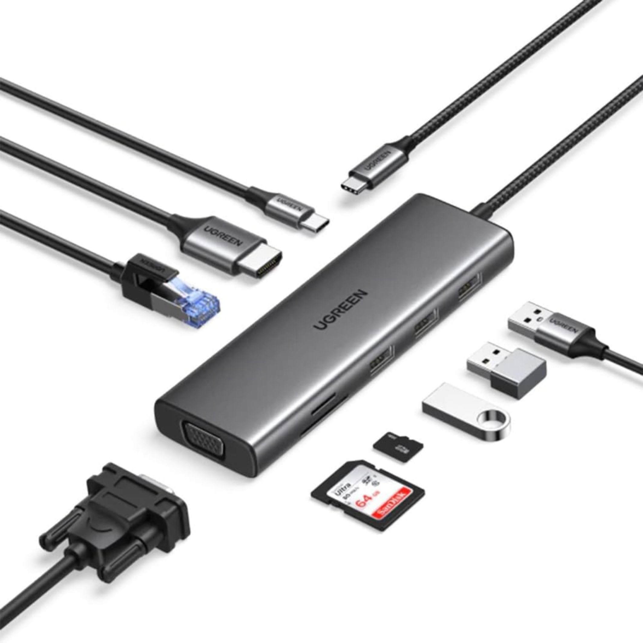 Adaptador USB-C UGREEN CM498 9-en-1 USB-A 3.0/HDMI/VGA/RJ45/SD/TF/USB-C PD (15600)