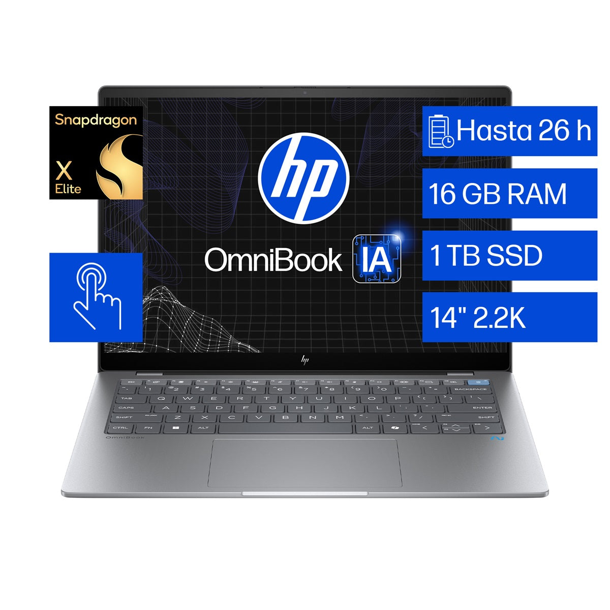 Laptop HP OmniBook 14-fe0000la, Snapdragon® X Elite X1E-78-100, 16 GB, 1TB SSD, 14" 2K Táctil, Windows 11 Home (A9FX1LA)