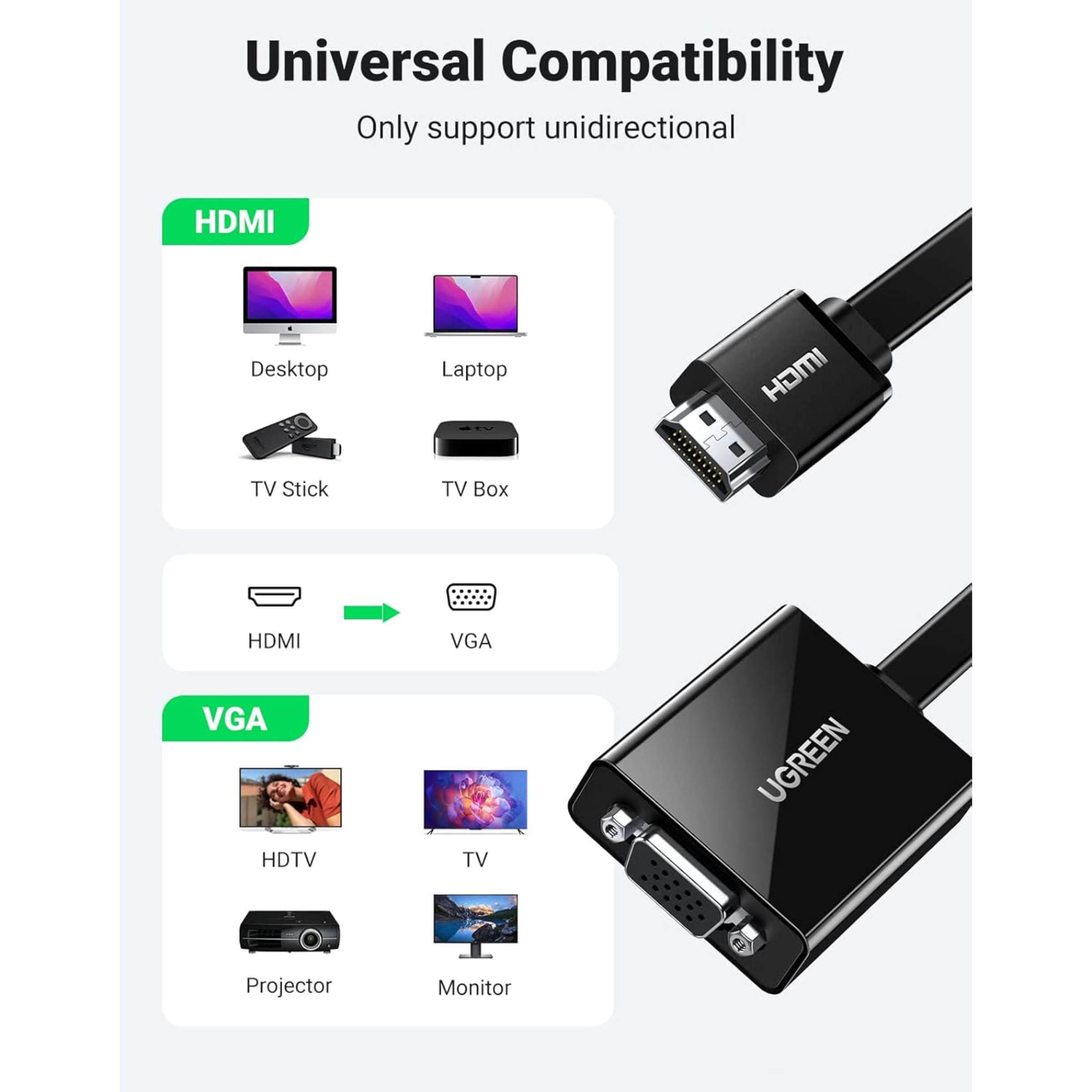 Adaptador UGREEN HDMI a VGA 1080P + Micro USB / Audio 3.5mm (40248)
