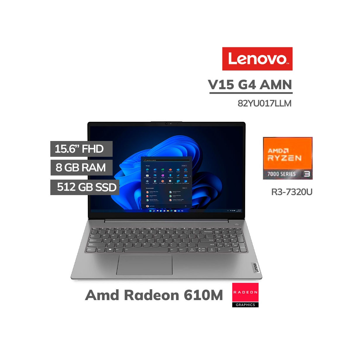 Laptop Lenovo V15 G Ryzen3-7320U 8GB, SSD 512GB, 15.6", FreeDos (82YU017LLM)