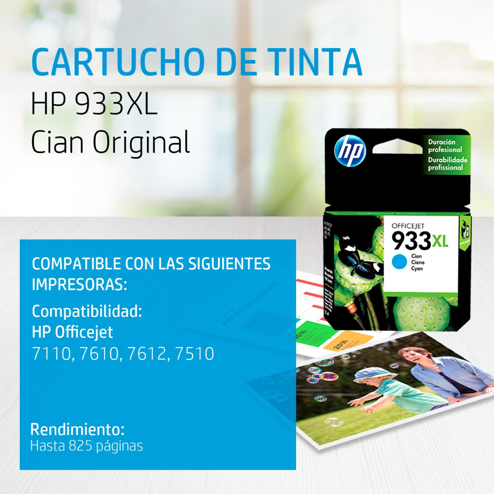 Cartucho de tinta HP 933XL Cian (CN054AL) Officejet 7110/7610 825 Pag.