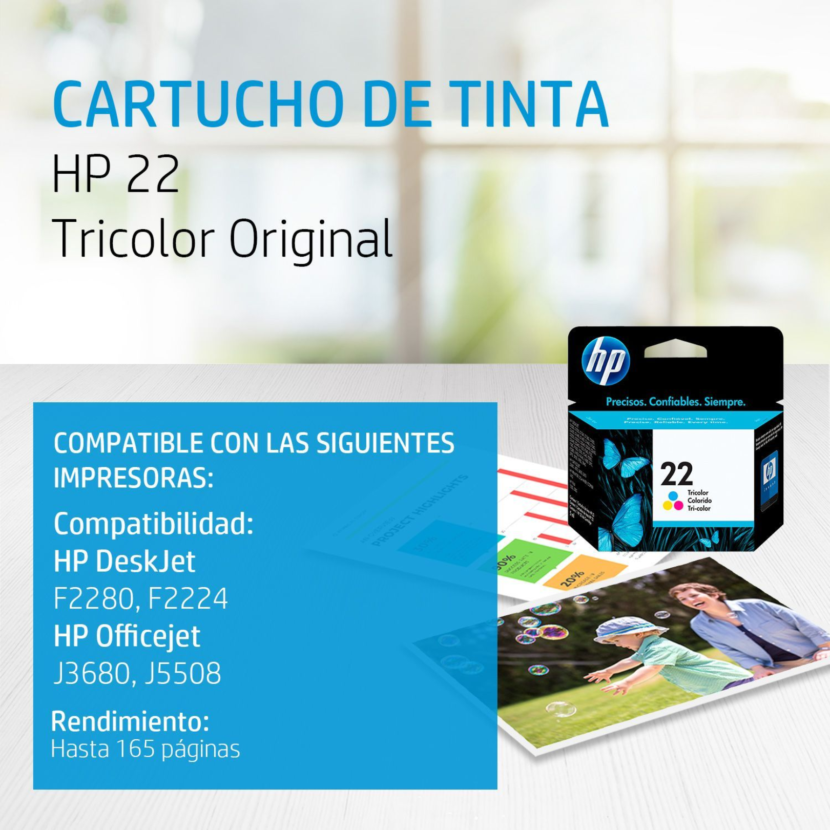 Cartucho de tinta HP 22 Tricolor (C9352AL) OfficeJet 3920/3940/1410 165 Pag.