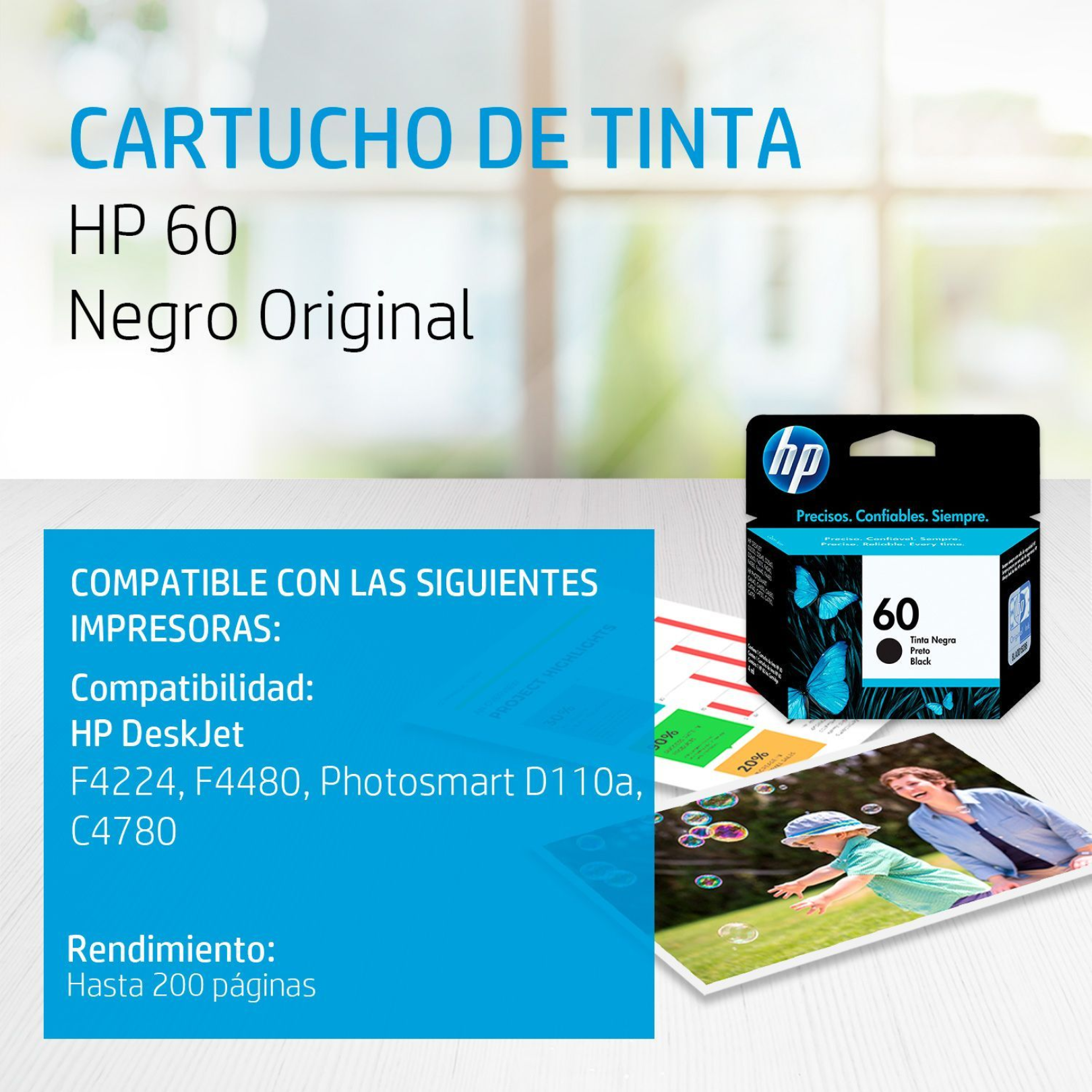 Cartucho de tinta HP 60 Negro (CC640WL) DeskJet F4224 200 Pag.