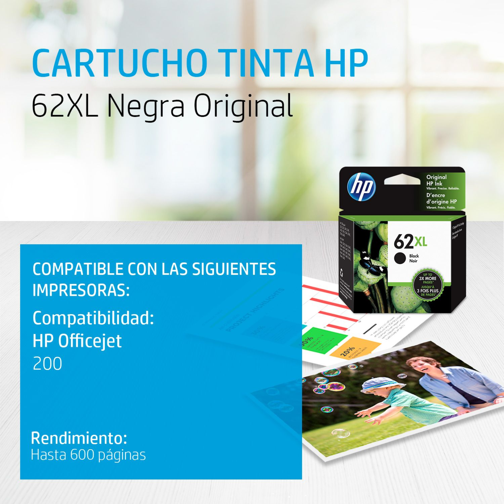 Cartucho de tinta HP 62XL Negro (C2P05AL) OfficeJet 200 600 Pag.