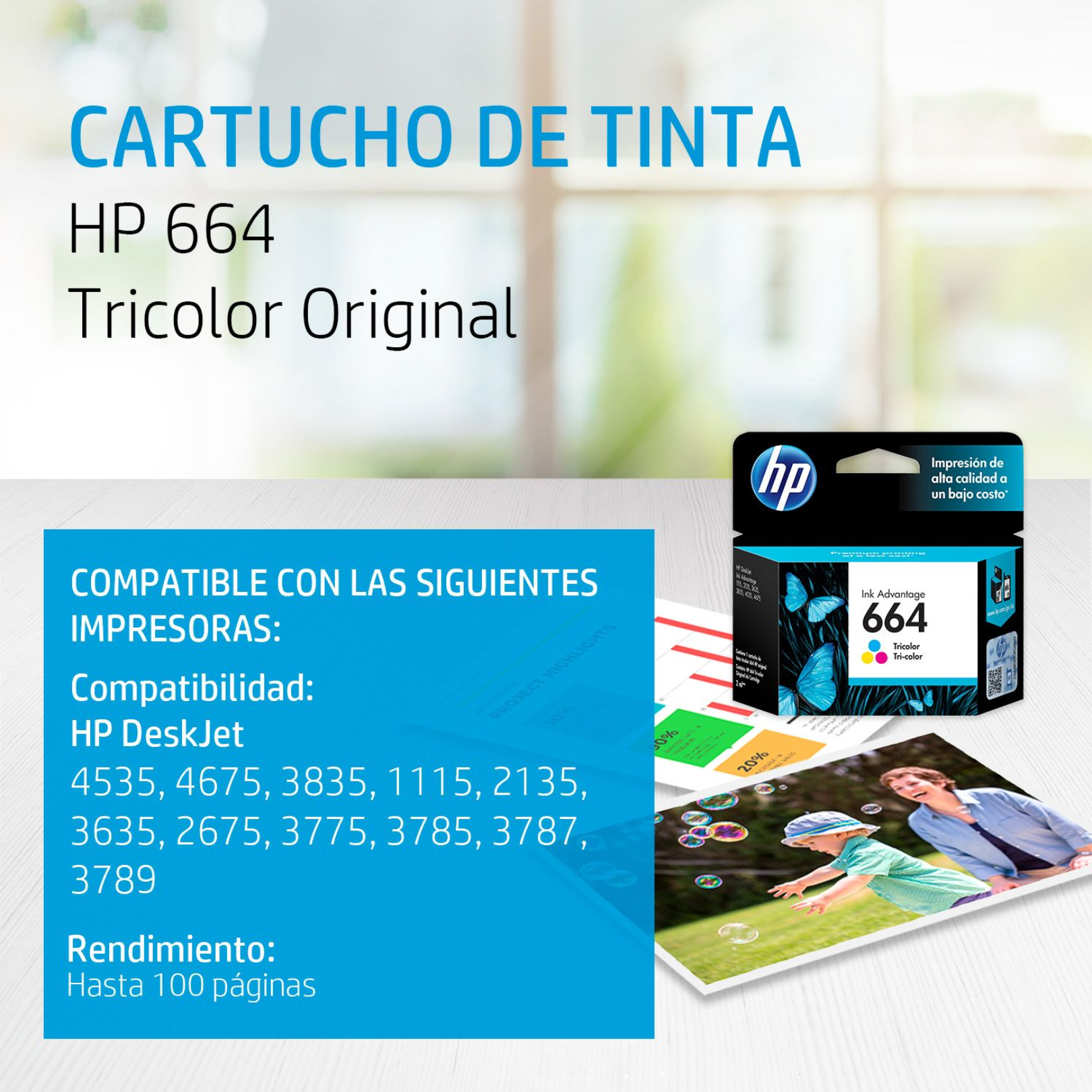 Cartucho de tinta HP 664 Tricolor (F6V28AL) DeskJet 1115/2135/4535/4675 100 Pag.