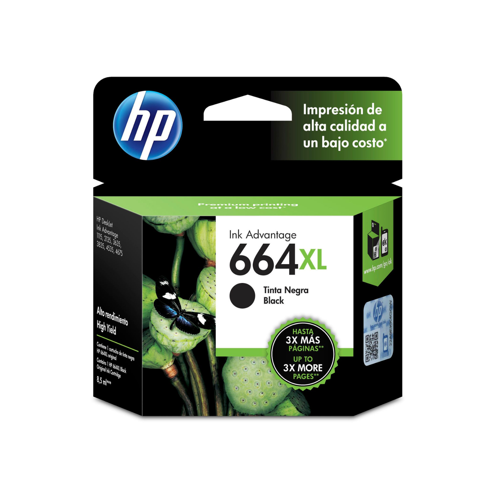 Cartucho de tinta HP 664XL Negro (F6V31AL) DeskJet 1115/2135/4535/4675 480 Pag.
