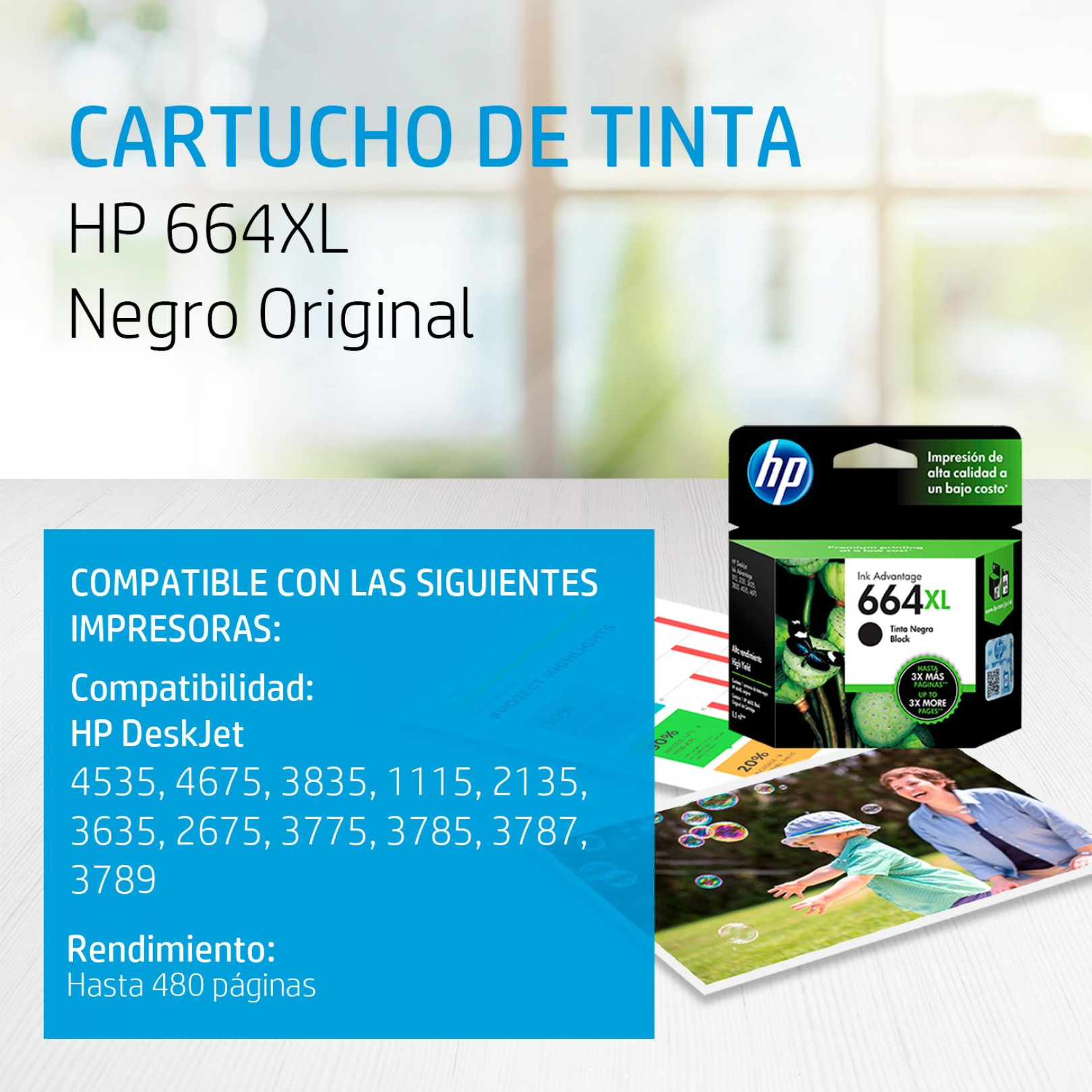 Cartucho de tinta HP 664XL Negro (F6V31AL) DeskJet 1115/2135/4535/4675 480 Pag.
