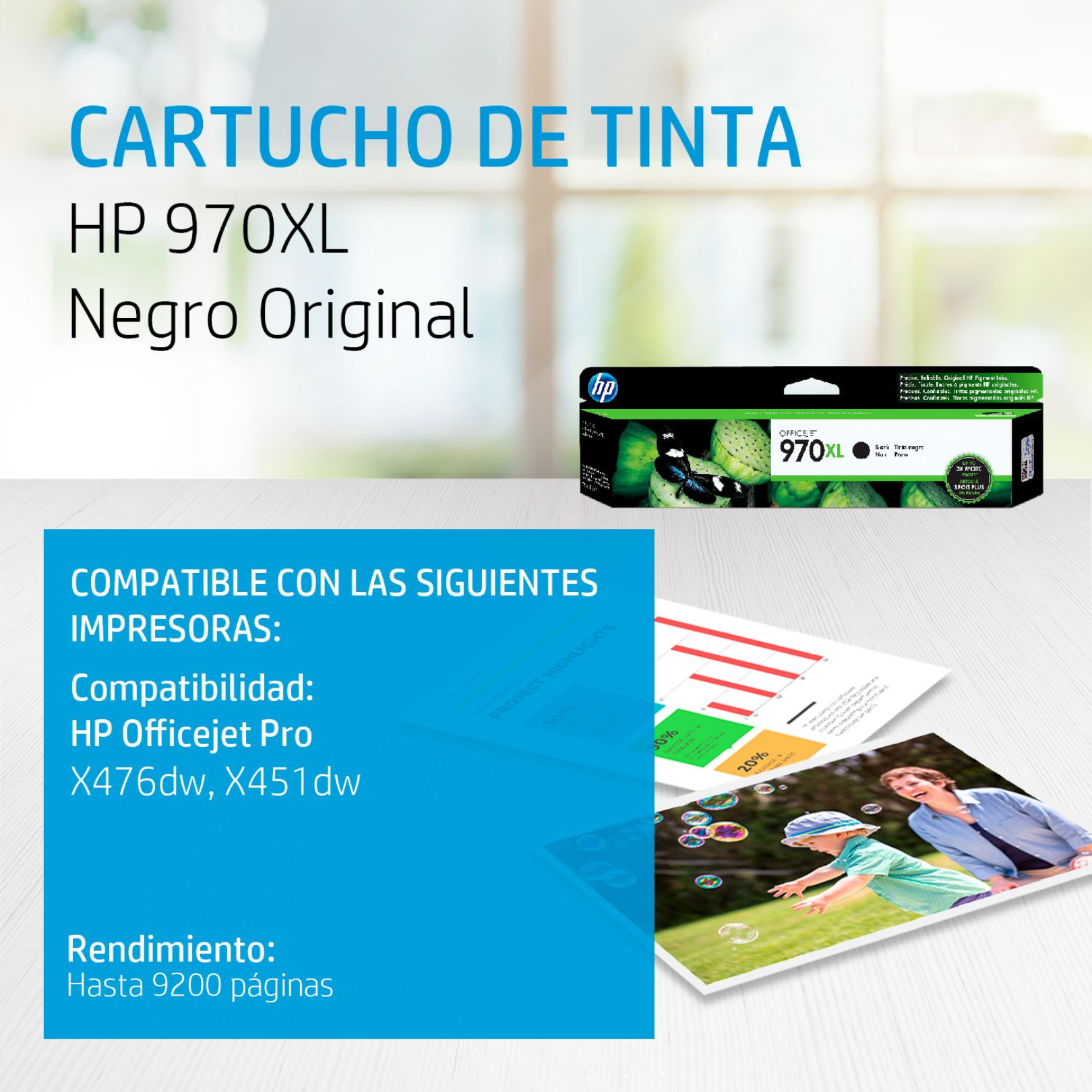 Cartucho de tinta HP 970XL Negro (CN625AM) OfficeJet X476DW/X451DW 9200 Pag.