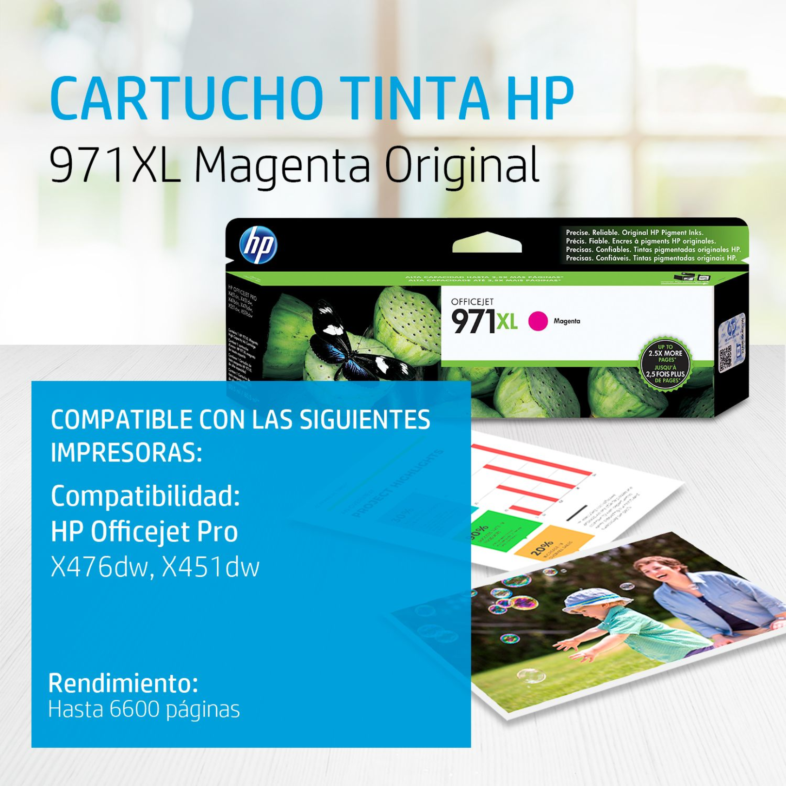 Cartucho de tinta HP 971XL Magenta (CN627AM) OfficeJet X476DW/X451DW 6600 Pag.