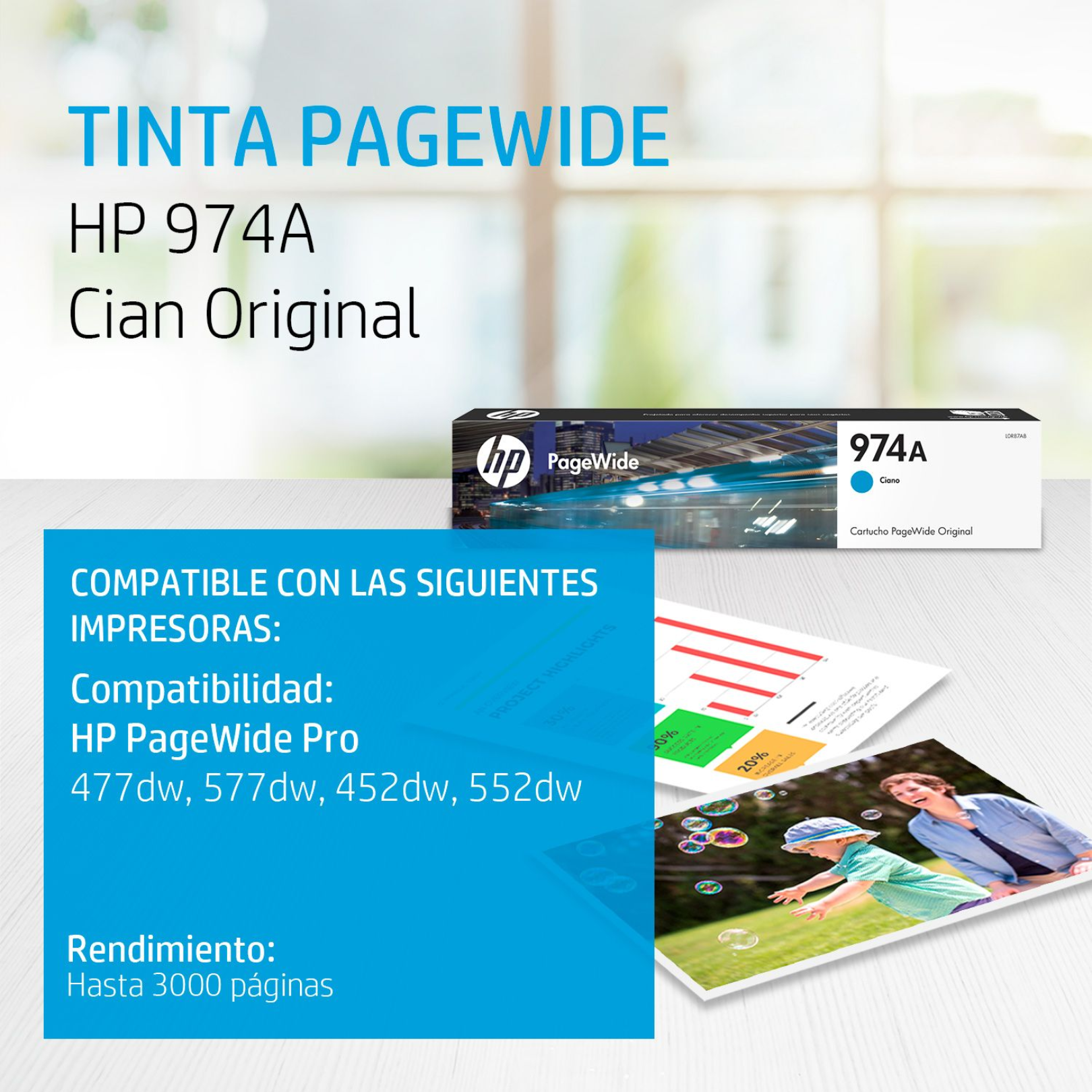 Cartucho de tinta HP 974A Cian (L0R87AL) PageWide 452DW/577DW 3000 Pag.