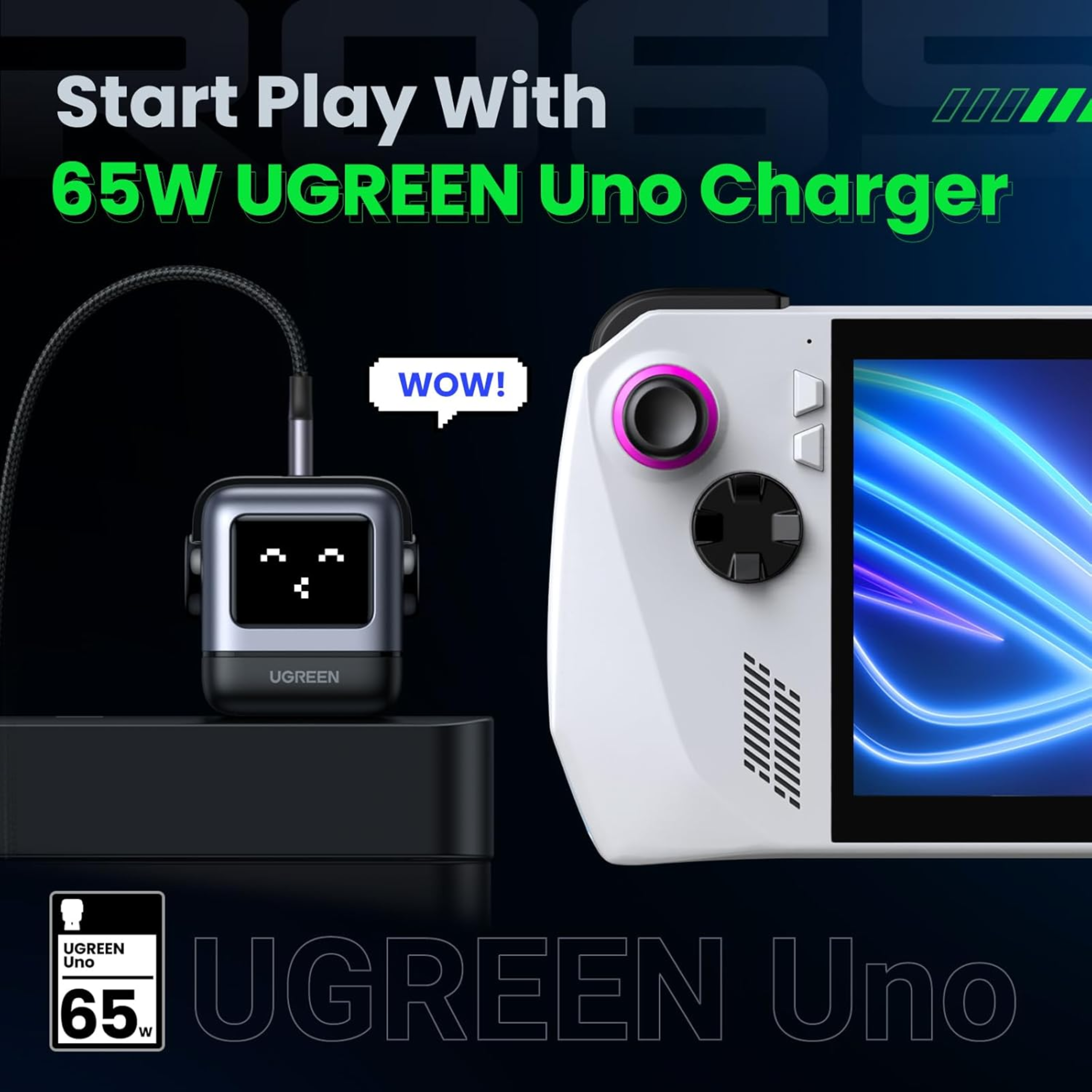 Cargador USB-C UGREEN Robot GaN 65W Carga Rápida con Pantalla Led Negro (15570)