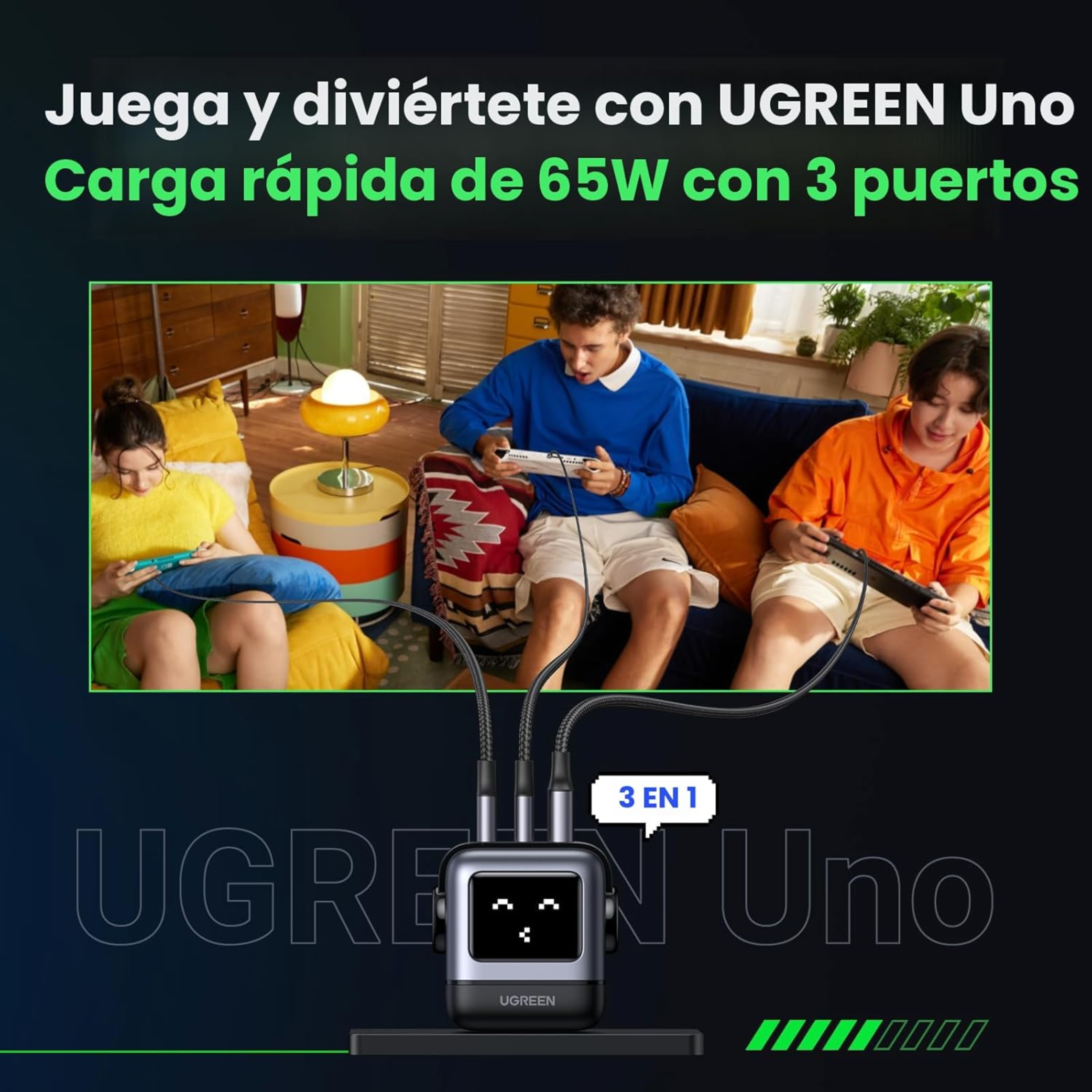 Cargador USB-C UGREEN Robot GaN 65W Carga Rápida con Pantalla Led Negro (15570)
