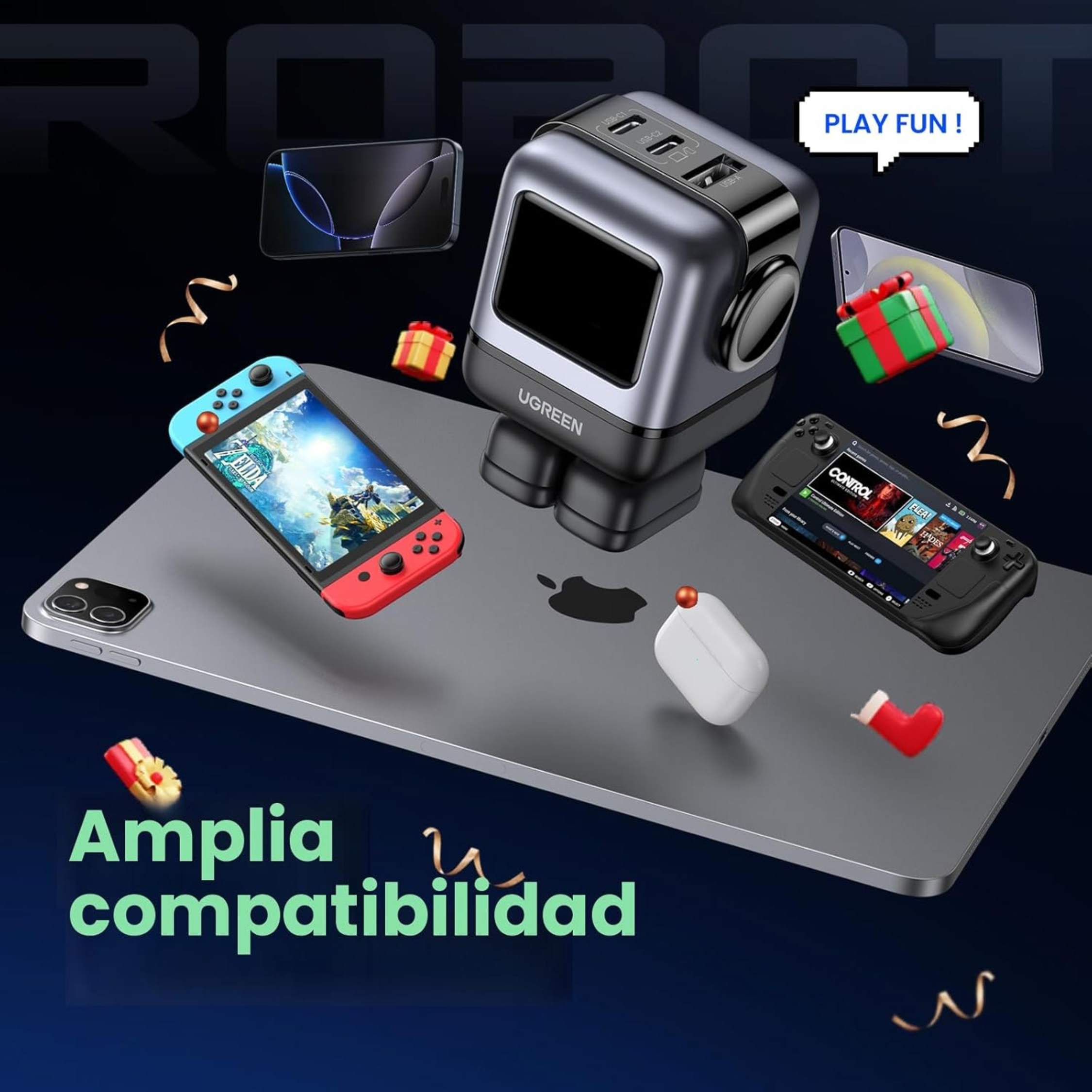 Cargador USB-C UGREEN Robot GaN 65W Carga Rápida con Pantalla Led Negro (15570)