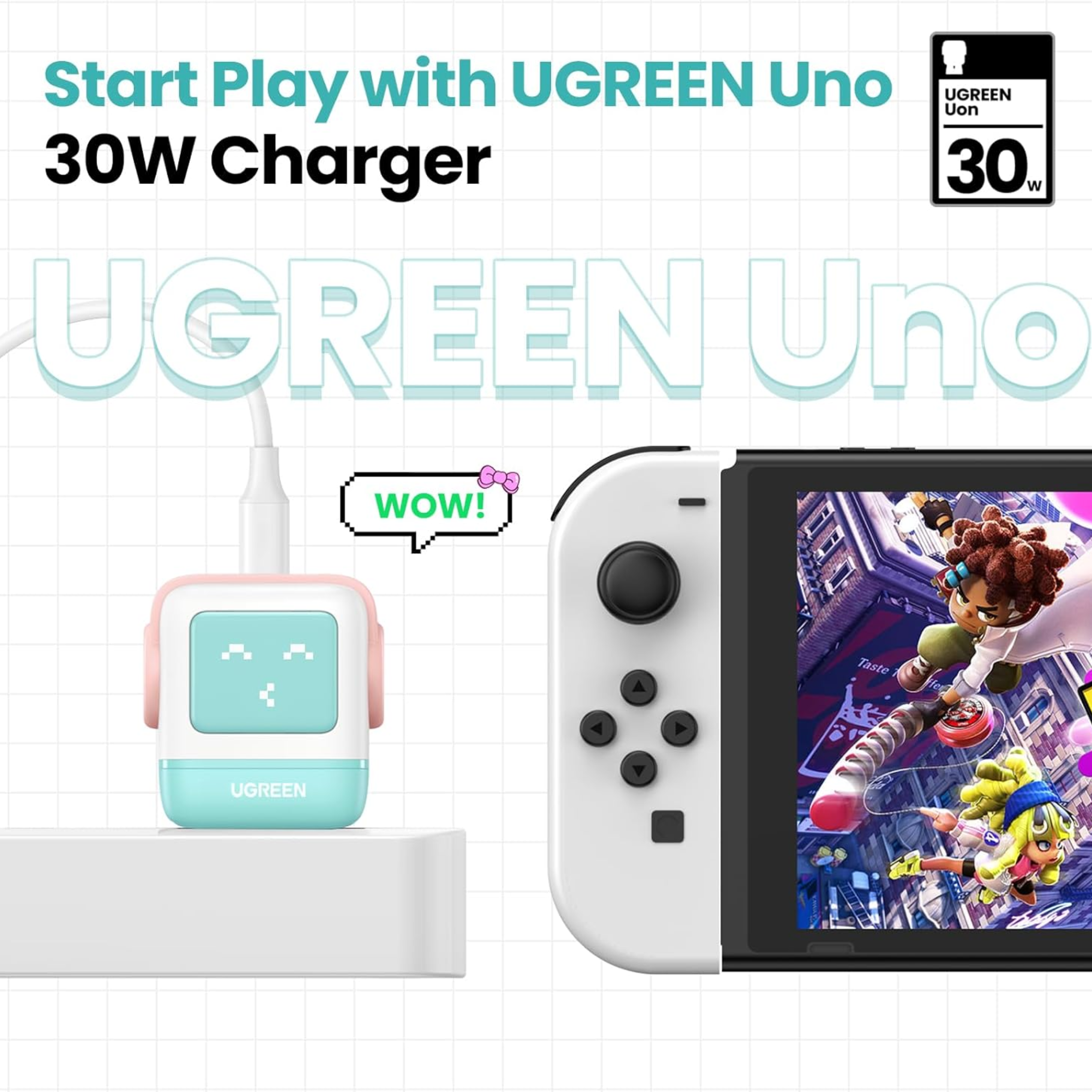 Cargador USB-C UGREEN Robot GaN 30W Carga Rápida con Pantalla Led Pink Blue (45089)