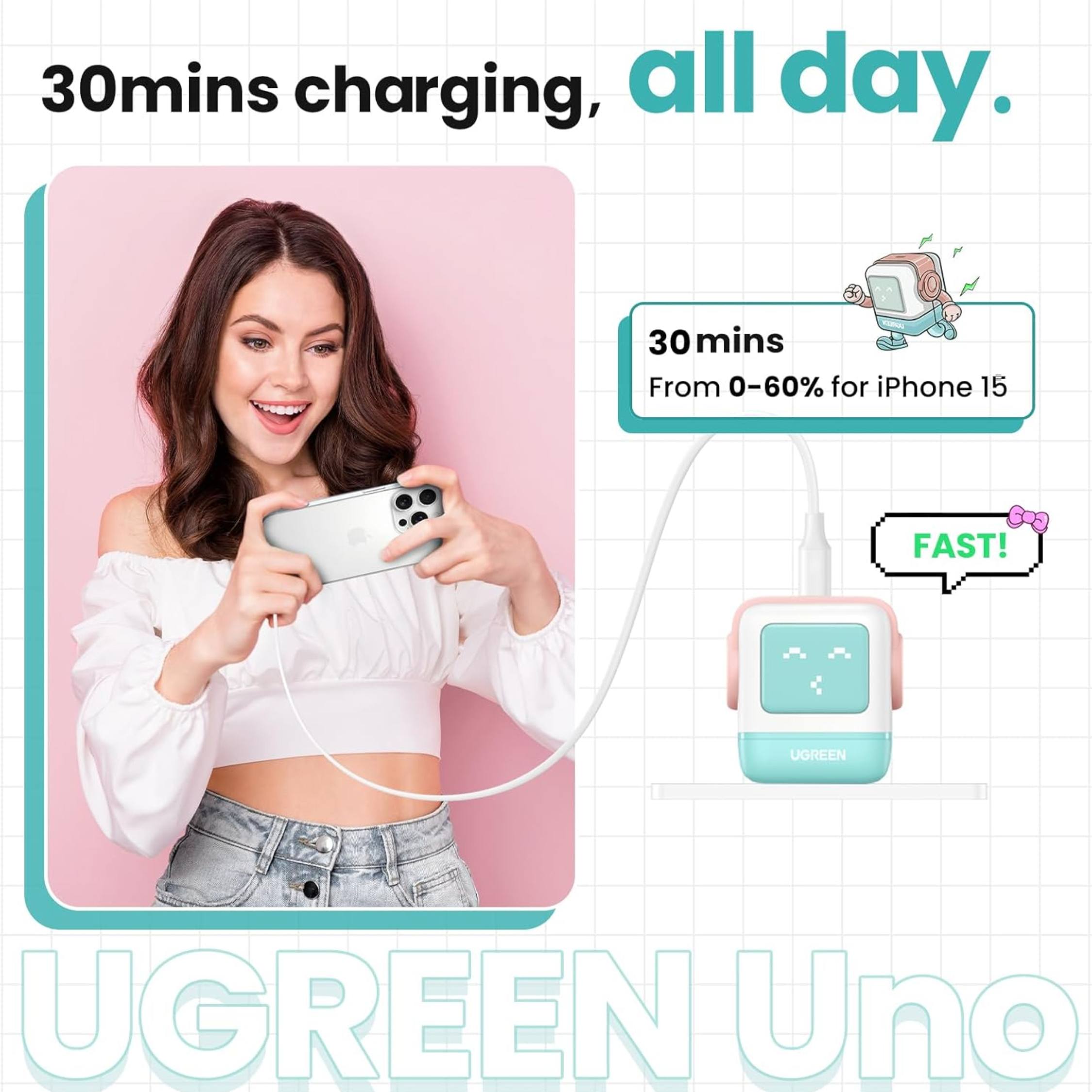 Cargador USB-C UGREEN Robot GaN 30W Carga Rápida con Pantalla Led Pink Blue (45089)