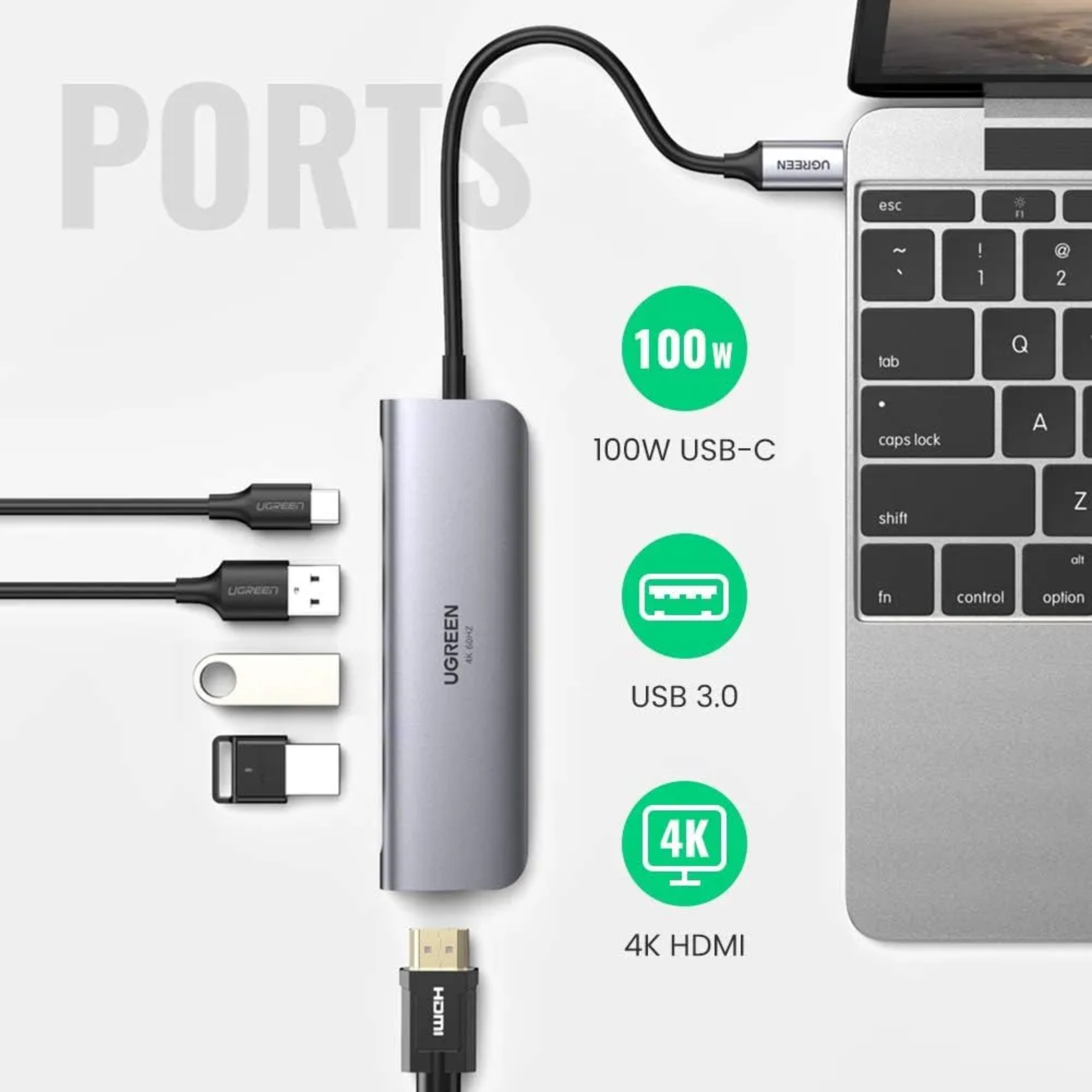 Hub UGREEN USB-C 5 en 1 HDMI 4K@60HZ, 3x USB 3.0, 1x USB C PD 100W (70495)