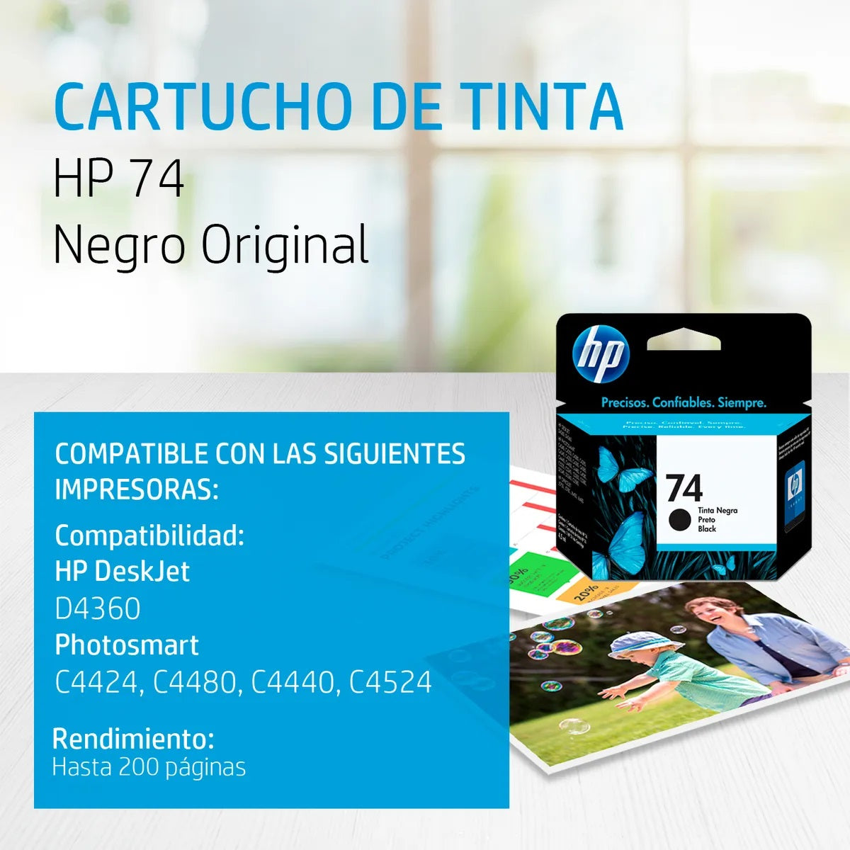 Cartucho de tinta HP 74 negra Original (CB335WL) Para HP Deskjet D4360, Photosmart C4424, C4480, C4440, C4524