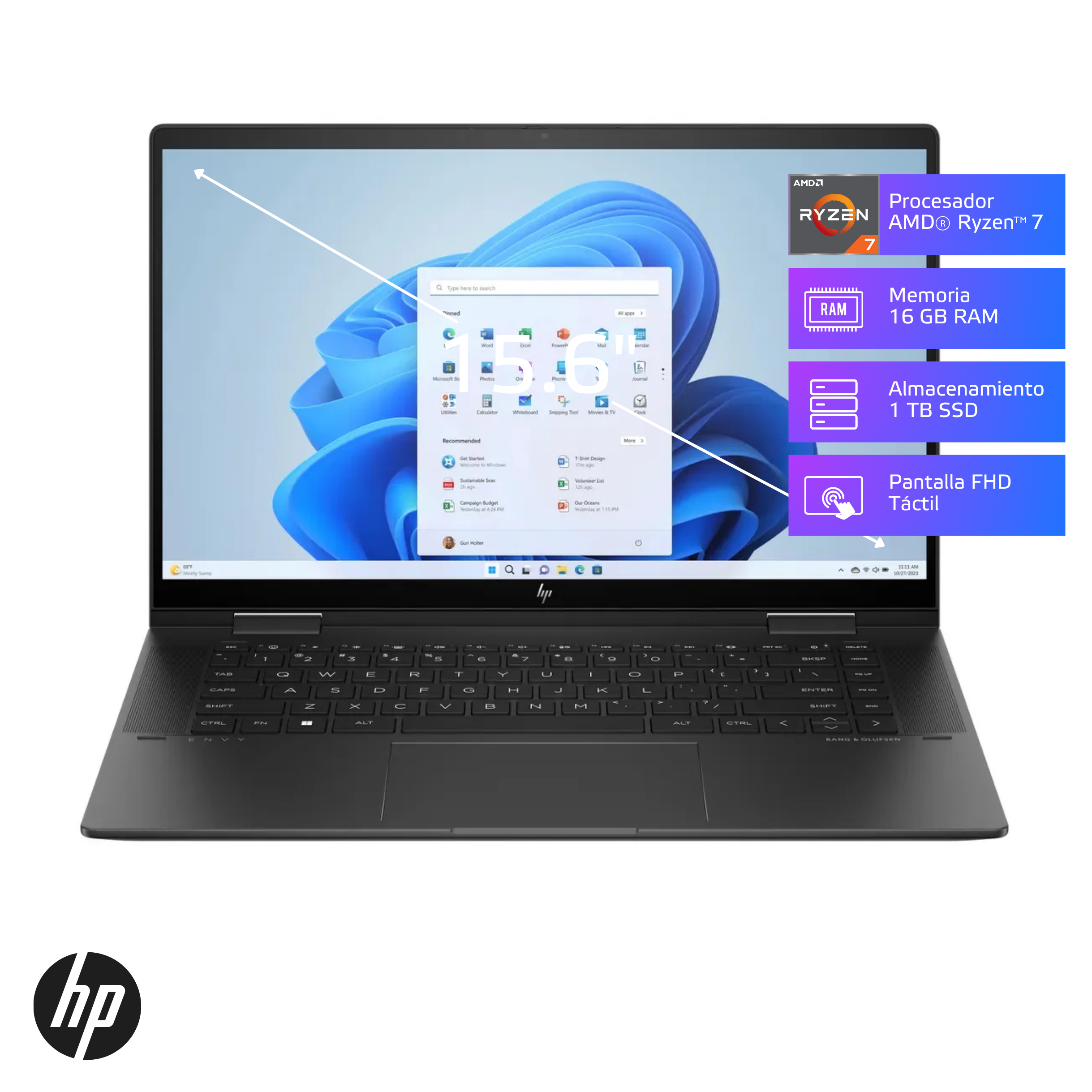 Laptop HP ENVY x360 15-fh0004la Ryzen7 7730U 16GB, SSD 1TB, 15.6" FHD Tactil, Windows 11 (8J424LA)