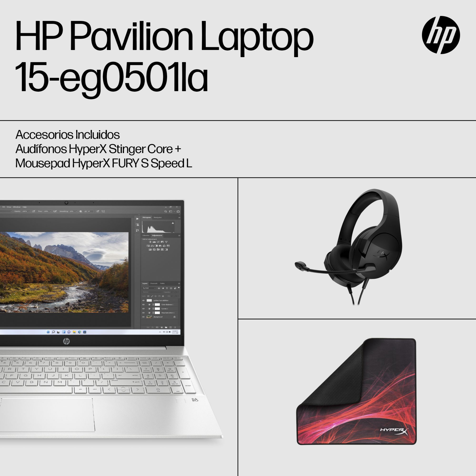 Laptop HP Pavilion 15-eg0501la Core i5-1135G7 8GB, SSD 512GB, 15.6", Windows 11 + Audífono HyperX Stinger + PadMouse HyperX Fury S (6R3R7LA)
