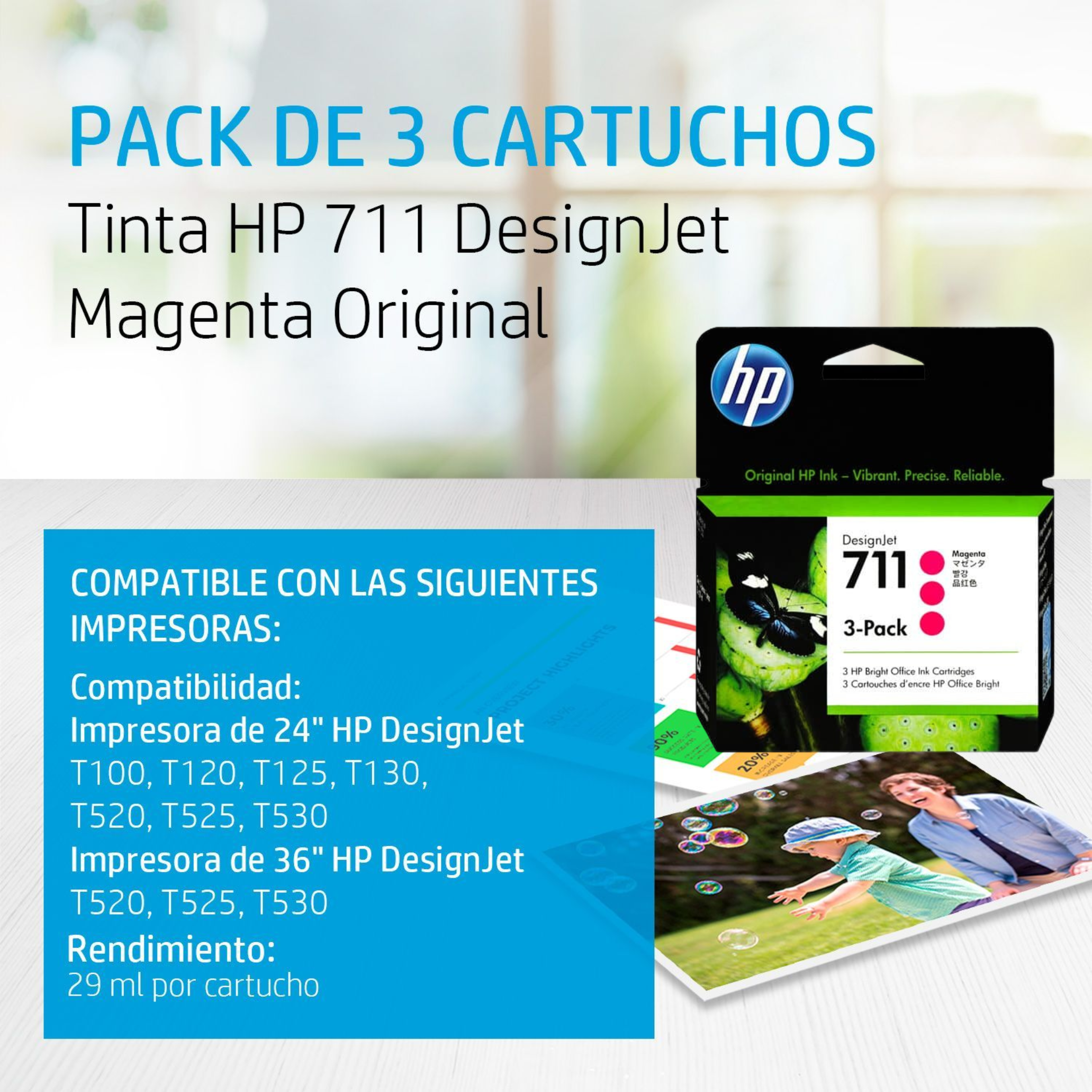 Cartucho de tinta HP 711 Magenta (CZ131A) DesignJet T120/T520 3-Pack 29ml c/u