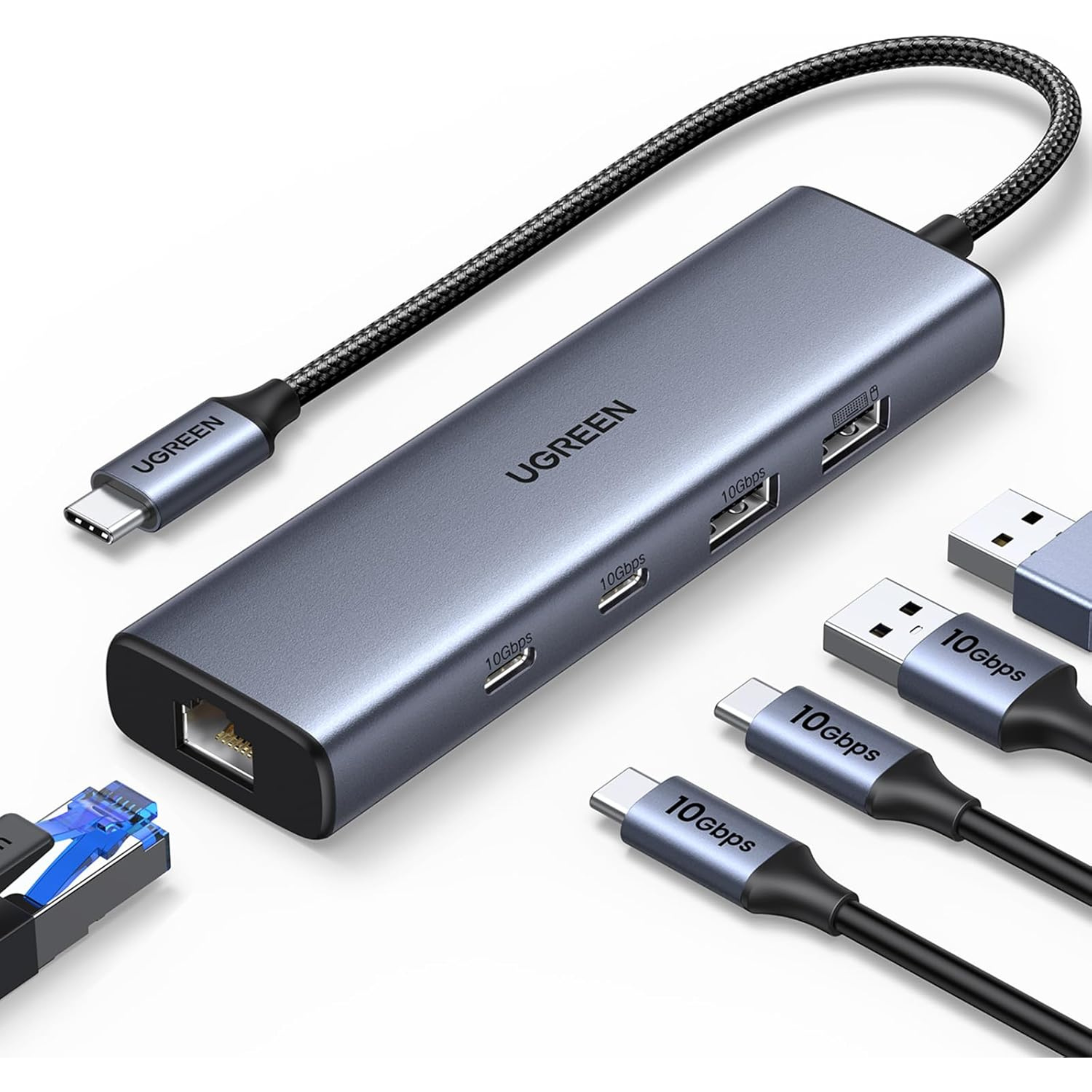 Adaptador HUB USB-C UGREEN 5-en-1 2x USB-A, 2x USB-C, 1x RJ45 (45320)