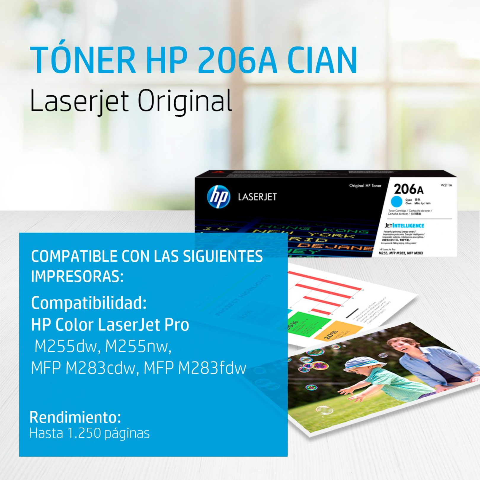 Toner HP 206A Cian (W2111A) LaserJet M255DW/M283FDW 1250 Pag.