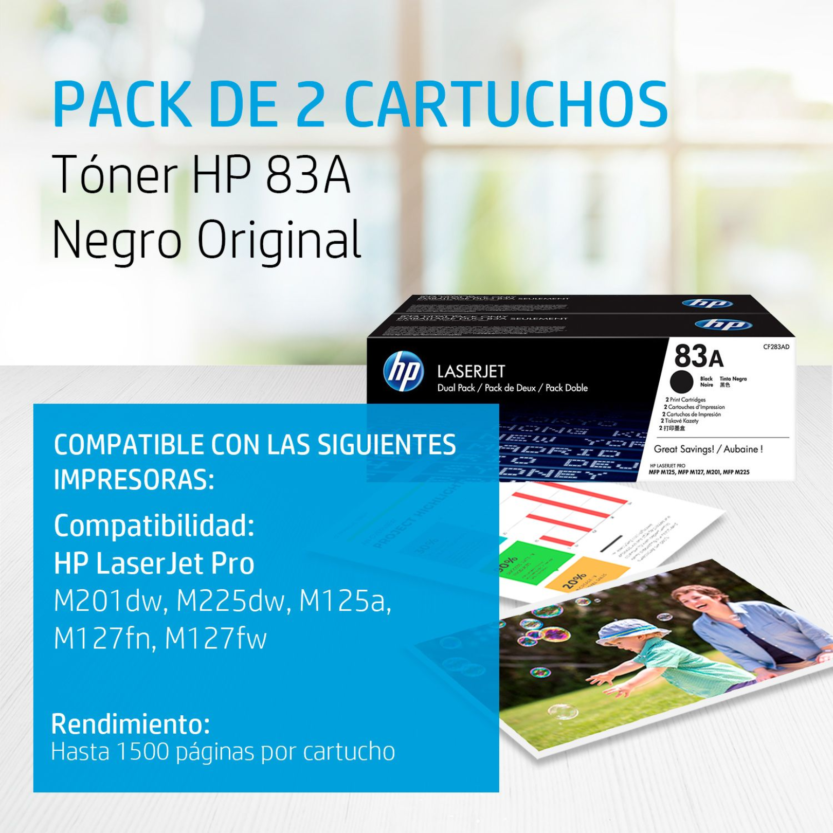 Pack x2 Toner HP 83A Negro (CF283AD) LaserJet M201/M225/M215/M127 1500 Pag. C/U