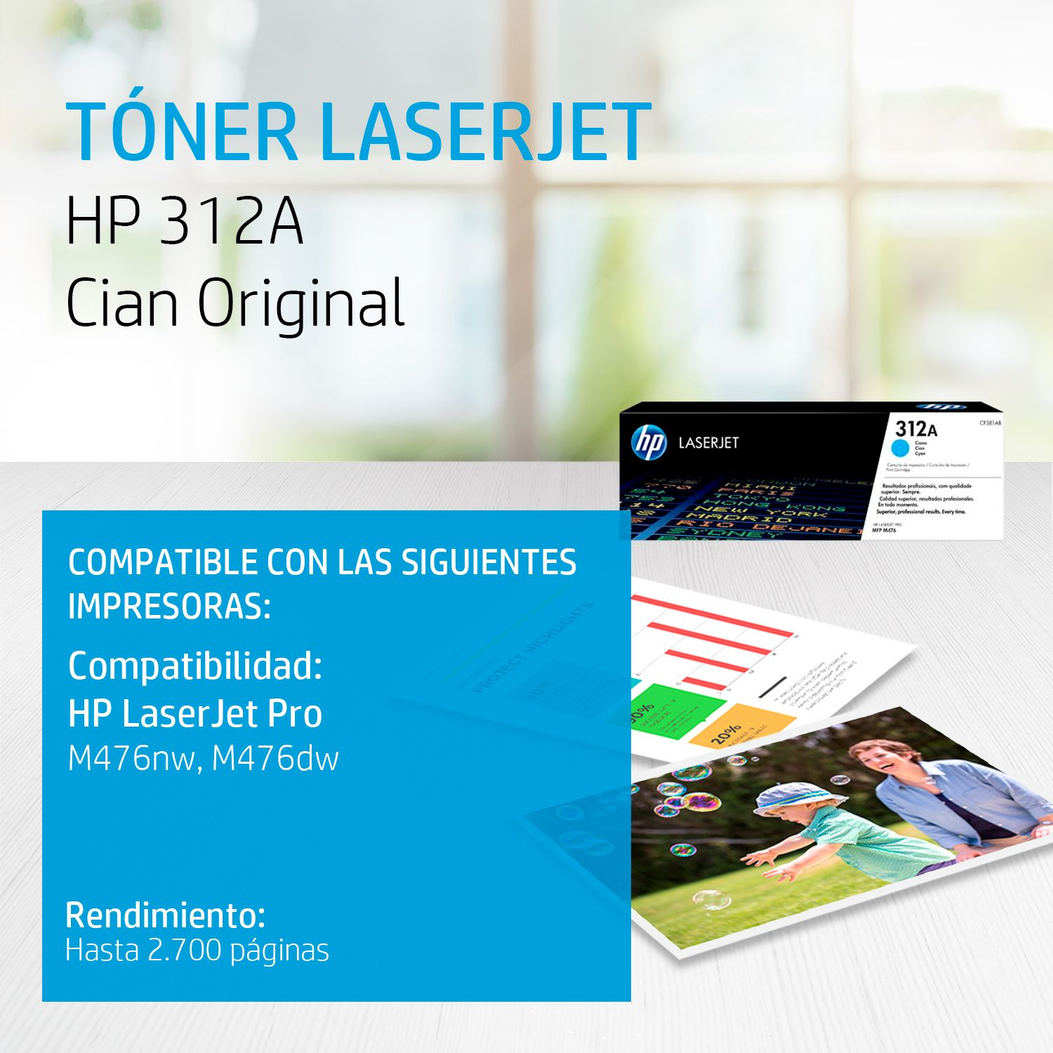 Toner HP 312A Cian (CF381A) LaserJet Pro M476nw/M476dw 2700 Pag.