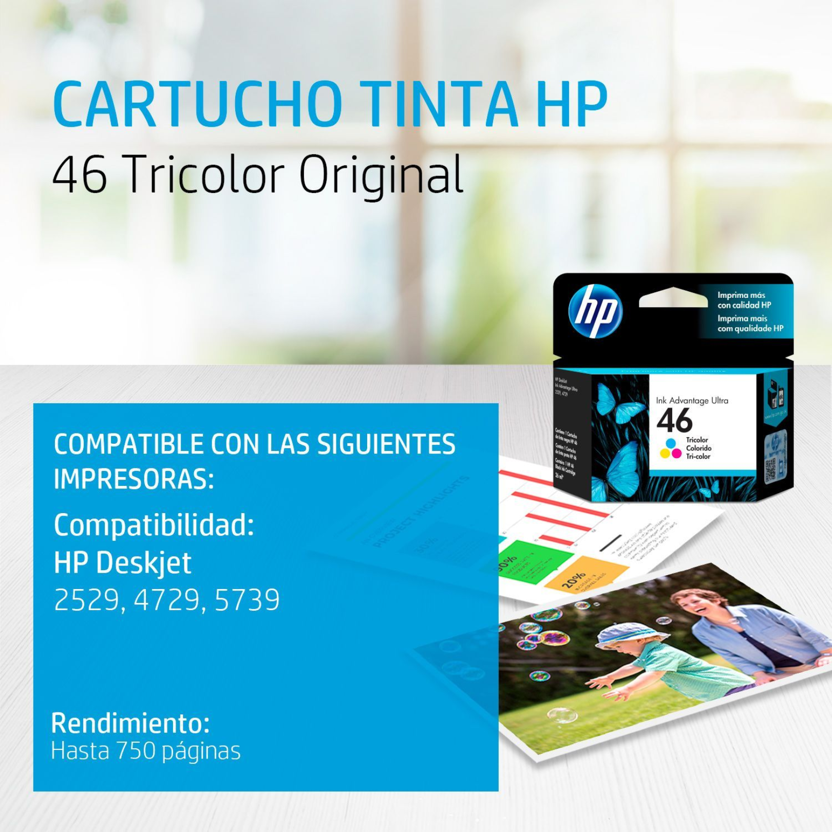 Cartucho de tinta HP 46 Tricolor (CZ638AL) DeskJet 2529/4729/5739 750 Pag.