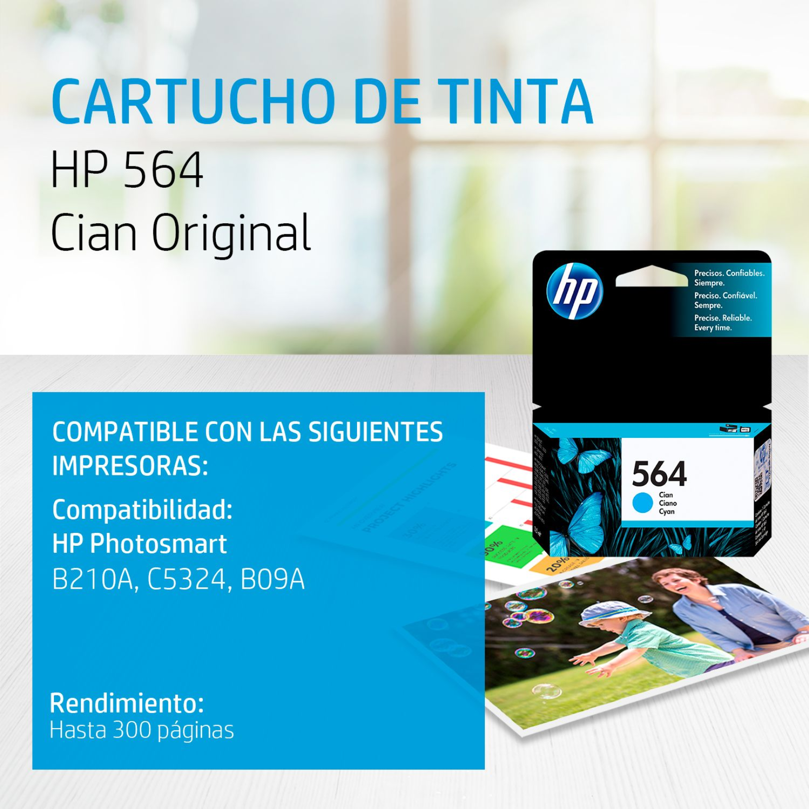 Cartucho de tinta HP 564 Cian (CB318WL) PhotoSmart B210A/C5324/B09A 300 Pag.