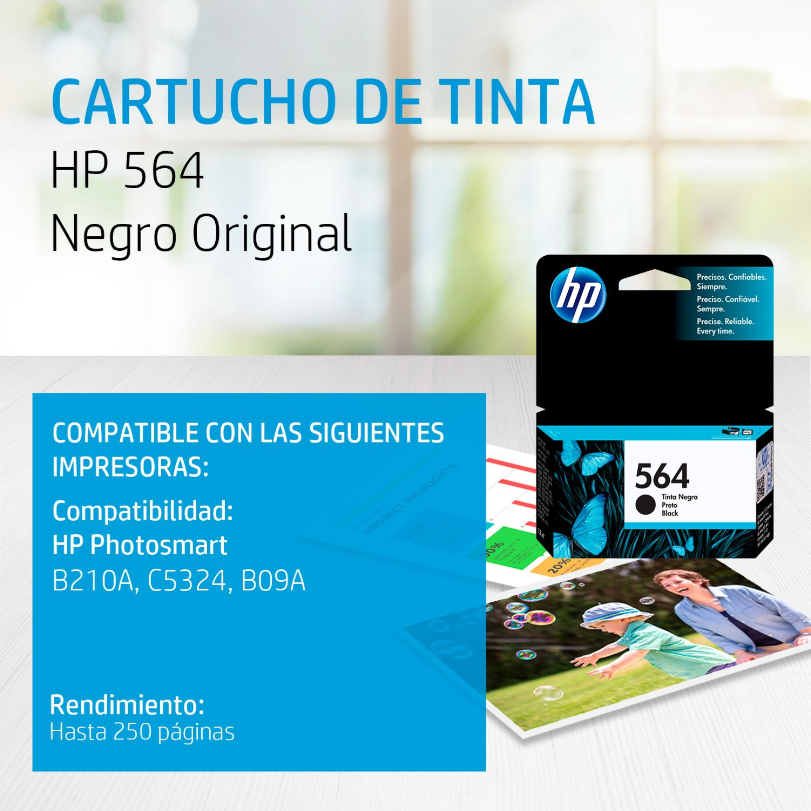 Cartucho de tinta HP 564 Negro (CB316WL) PhotoSmart B210A/C5324/B09A 250 Pag.