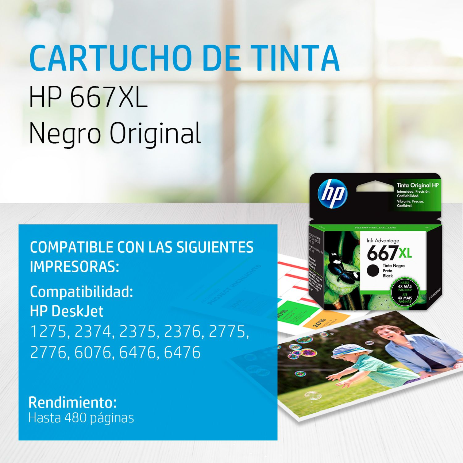Cartucho de tinta HP 667XL Negro (3YM81AL) DeskJet 2775/4175 480 Pag.
