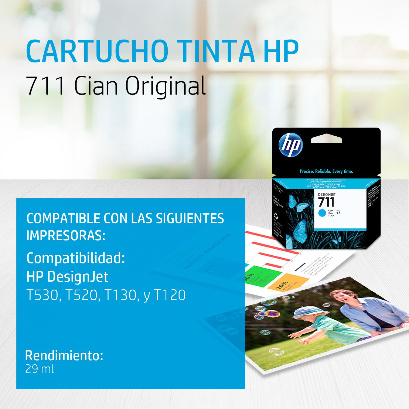 Cartucho de tinta HP 711 Cian (CZ130A) DesignJet T120/T520 29ml