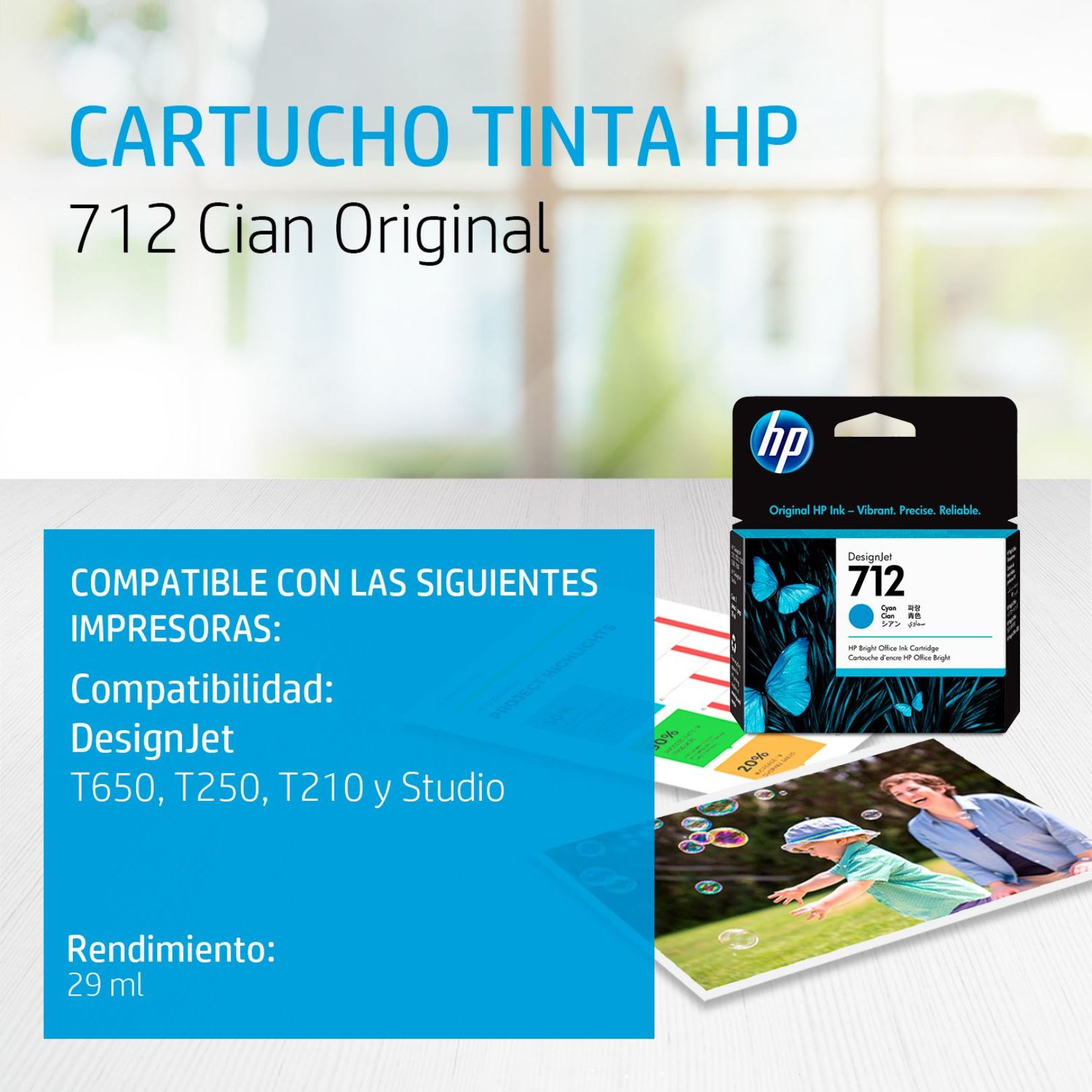 Cartucho de tinta HP 712 Cian (3ED67A) DesignJet T210/T250/T650 29ml