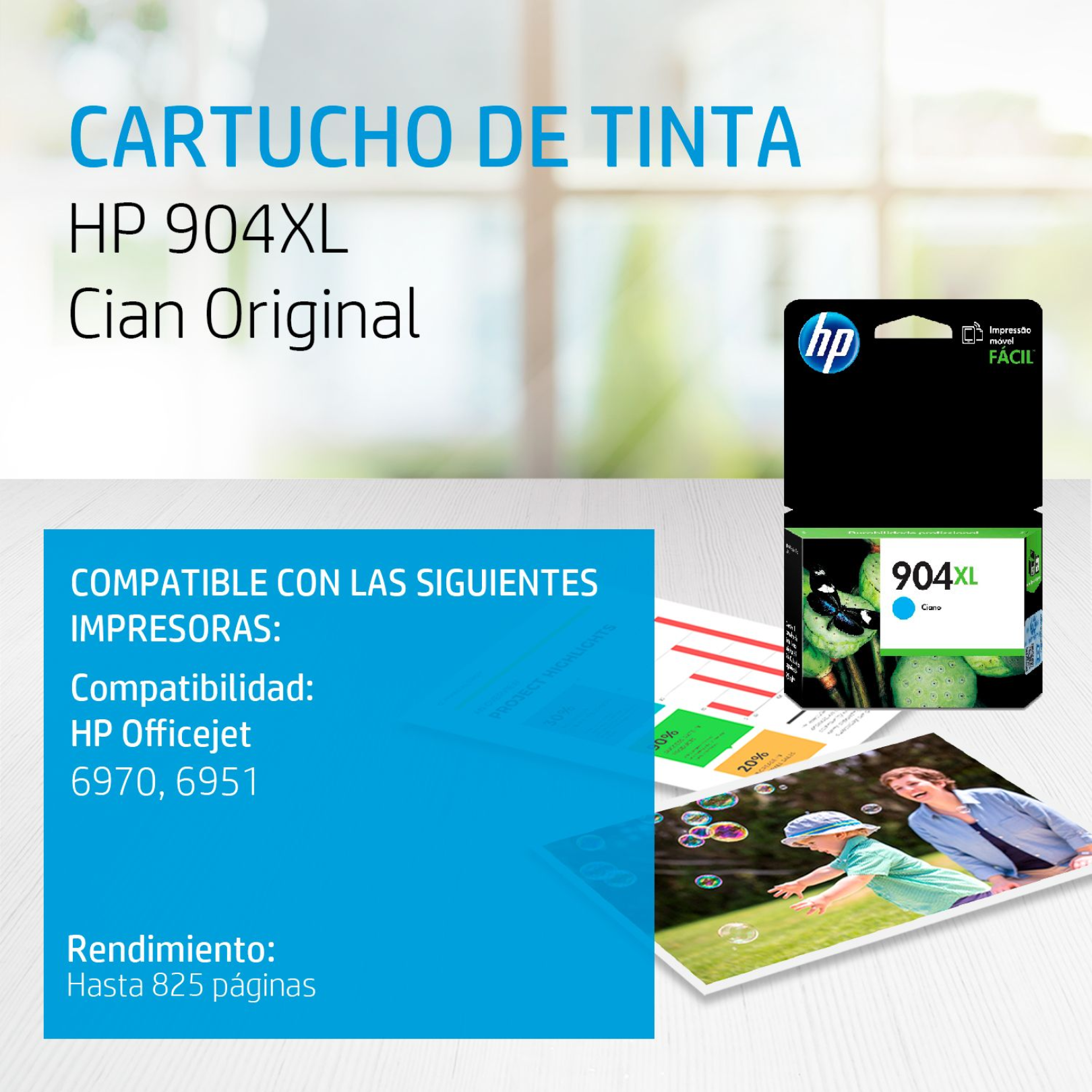 Cartucho de tinta HP 904XL Cian (T6M04AL) OfficeJet 6970/6951 825 Pag.