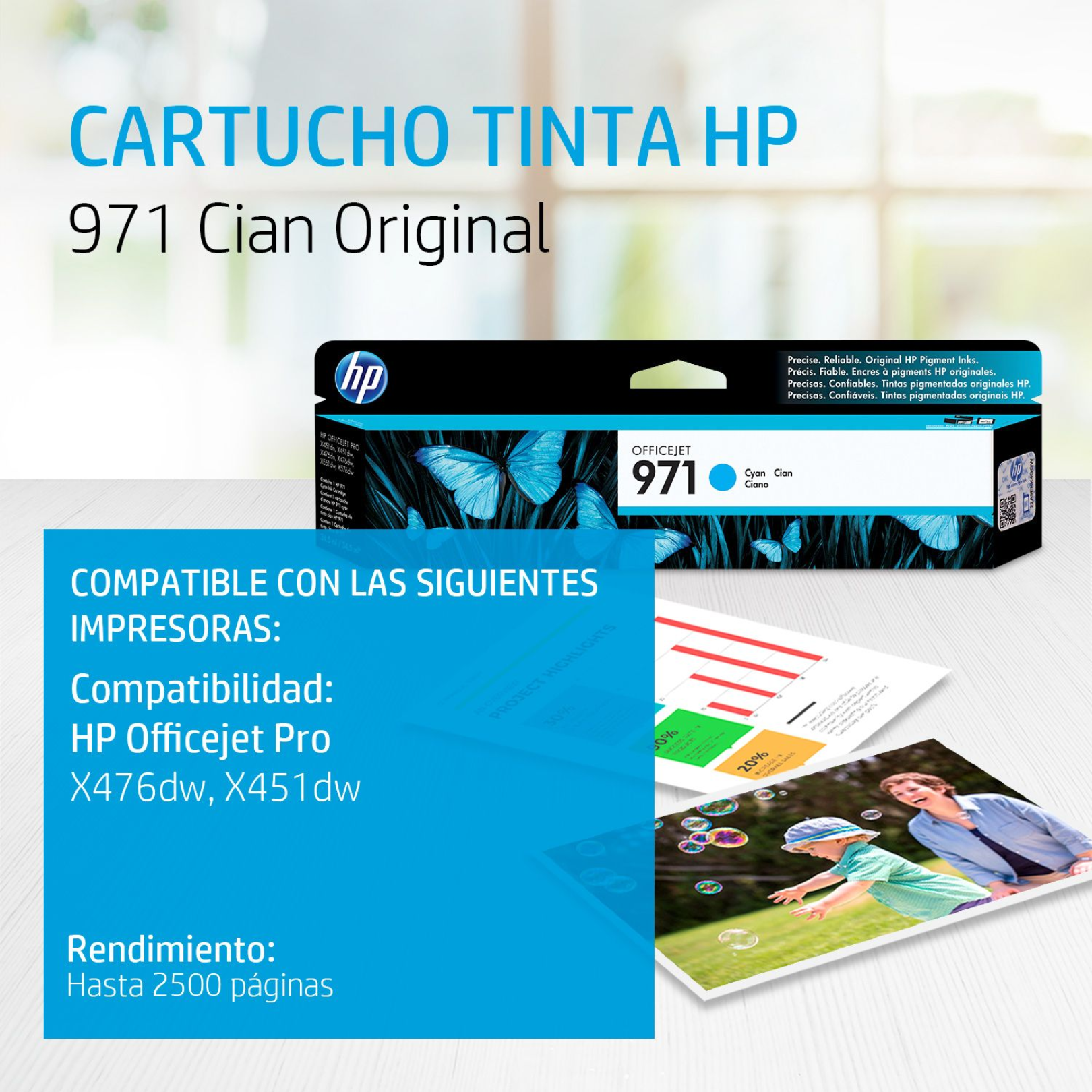 Cartucho de tinta HP 971 Cian (CN622AM) OfficeJet X476DW/X451DW 2500 Pag.