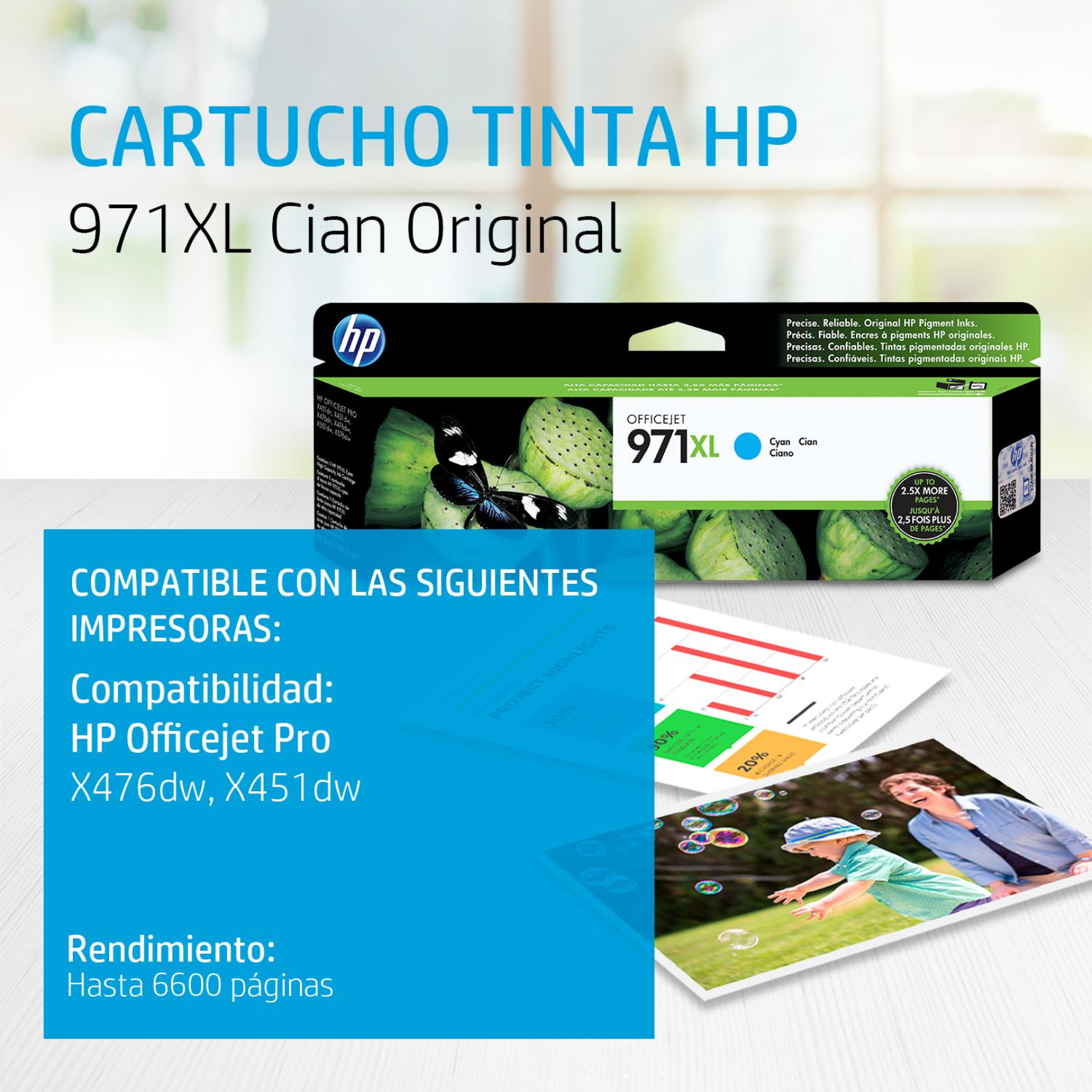 Cartucho de tinta HP 971XL Cian (CN626AM) OfficeJet X476DW/X451DW 6600 Pag.