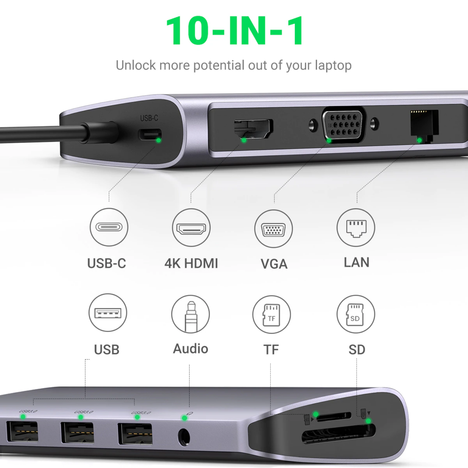 Adaptador Ugreen USB-C 10 en 1 HDMI/VGA/RJ45/USB 3.0/USB-C/SD/TF/AUDIO 3.5mm (80133)